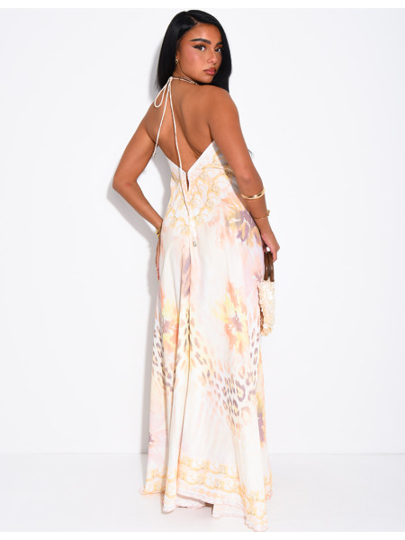 Long, backless printed dress embellished with rhinestones