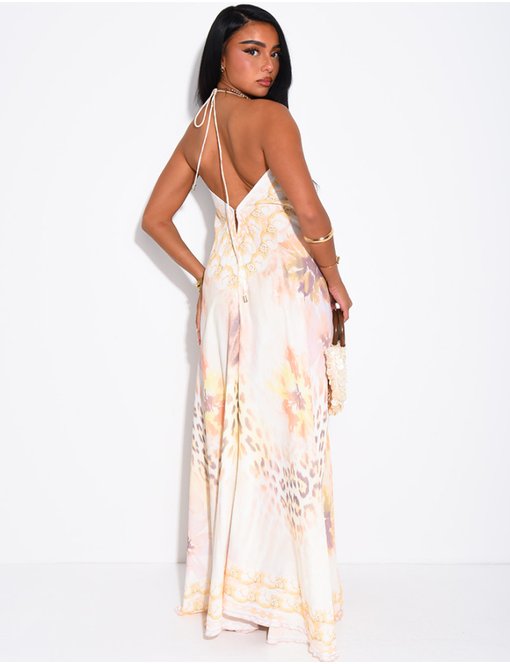 Long, backless printed dress embellished with rhinestones