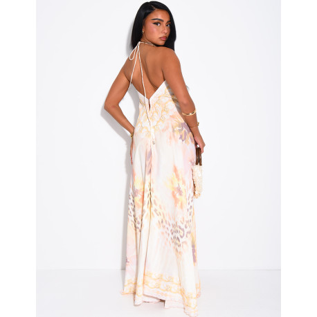 Long, backless printed dress embellished with rhinestones