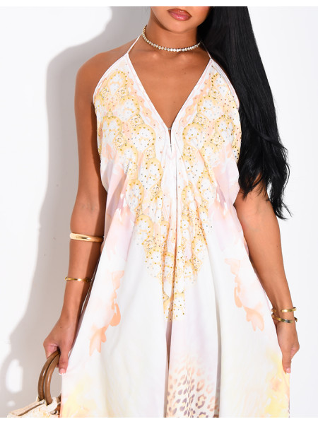 Long, backless printed dress embellished with rhinestones