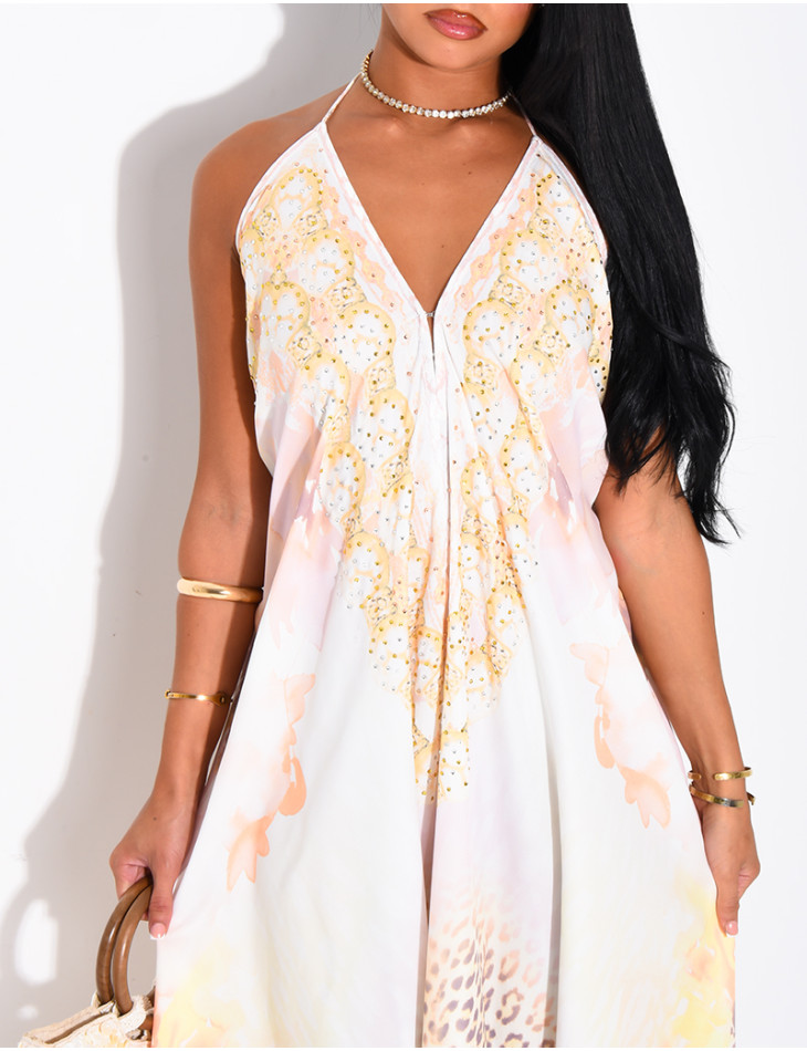 Long, backless printed dress embellished with rhinestones