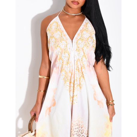 Long, backless printed dress embellished with rhinestones