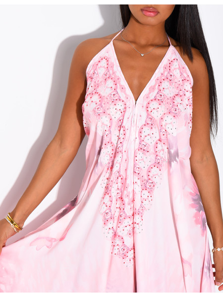 Long, backless printed dress embellished with rhinestones