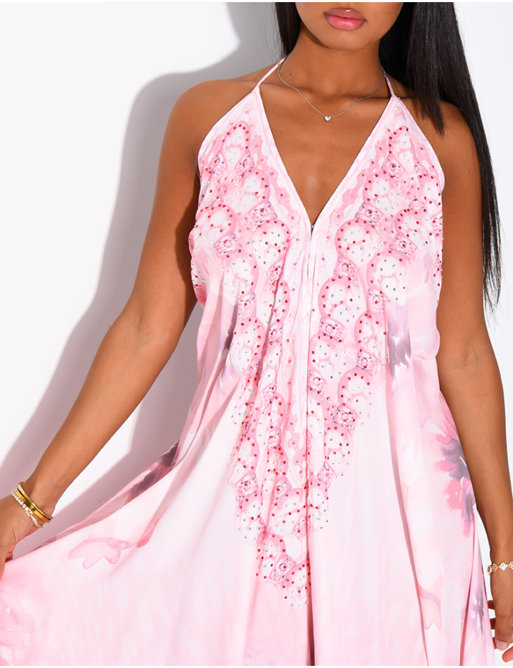 Long, backless printed dress embellished with rhinestones