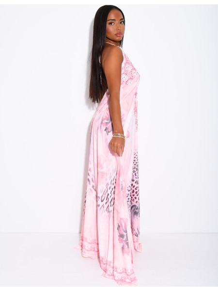 Long, backless printed dress embellished with rhinestones