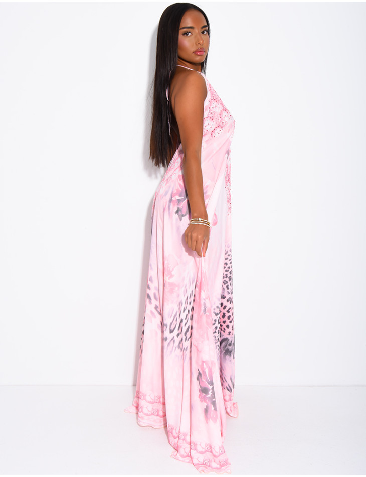 Long, backless printed dress embellished with rhinestones