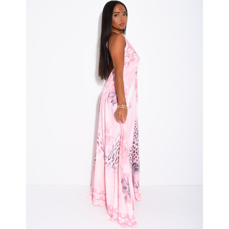 Long, backless printed dress embellished with rhinestones