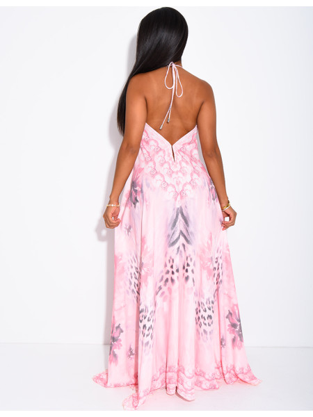 Long, backless printed dress embellished with rhinestones