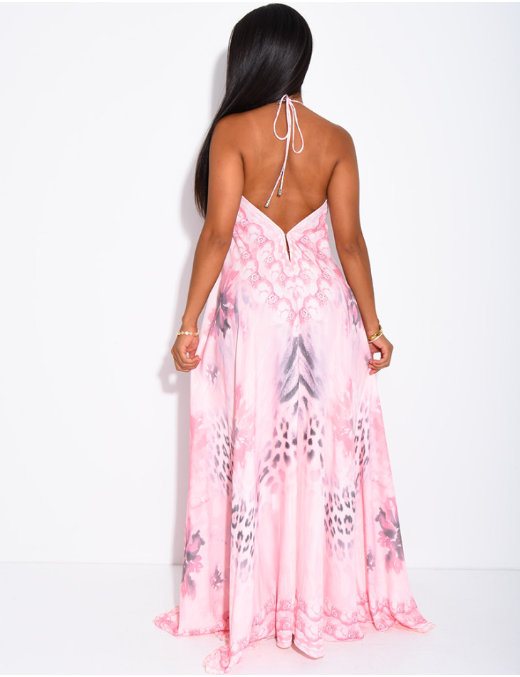 Long, backless printed dress embellished with rhinestones