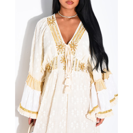 Langes Boho-Kleid aus Baumwolle mit Pailletten und Perlen
