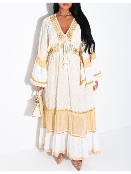 Langes Boho-Kleid aus Baumwolle mit Pailletten und Perlen