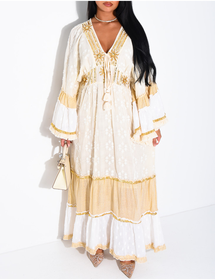 Langes Boho-Kleid aus Baumwolle mit Pailletten und Perlen