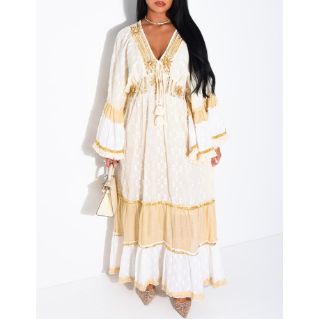 Langes Boho-Kleid aus Baumwolle mit Pailletten und Perlen