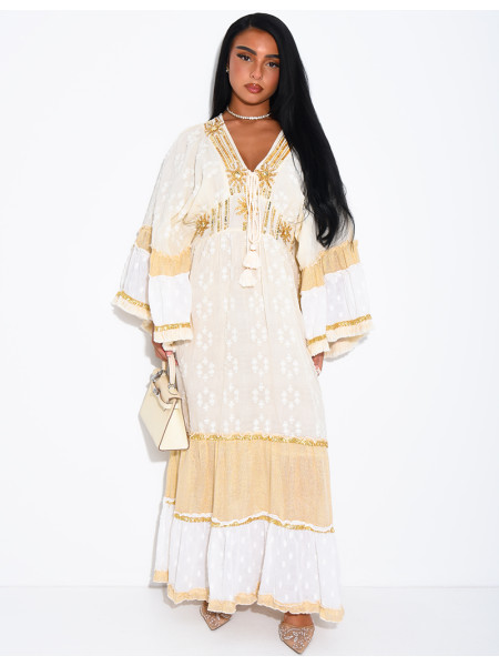 Langes Boho-Kleid aus Baumwolle mit Pailletten und Perlen