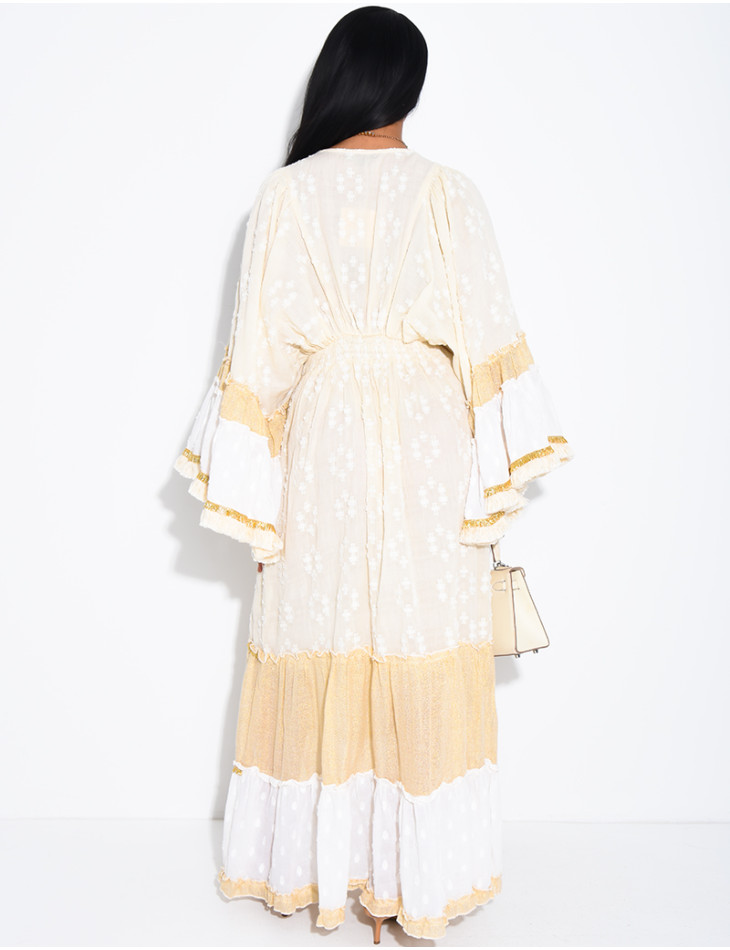 Langes Boho-Kleid aus Baumwolle mit Pailletten und Perlen