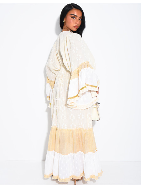 Langes Boho-Kleid aus Baumwolle mit Pailletten und Perlen