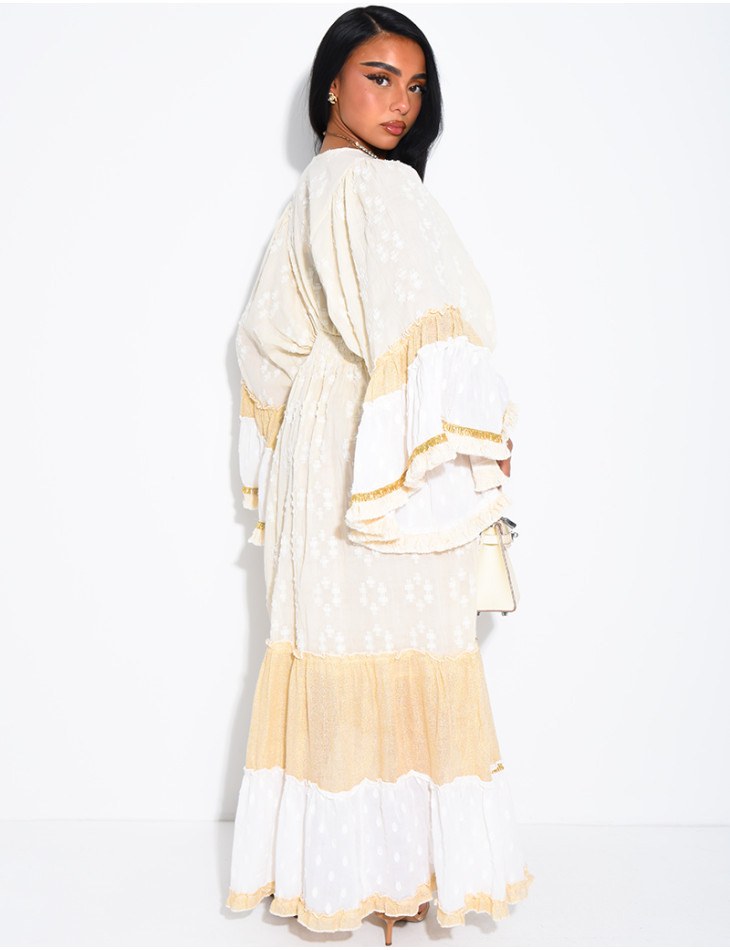 Langes Boho-Kleid aus Baumwolle mit Pailletten und Perlen