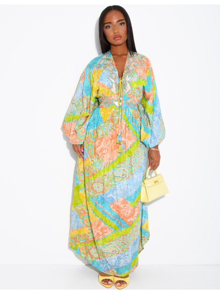 Langes Boho-Kleid aus Baumwolle mit Pailletten und Perlen