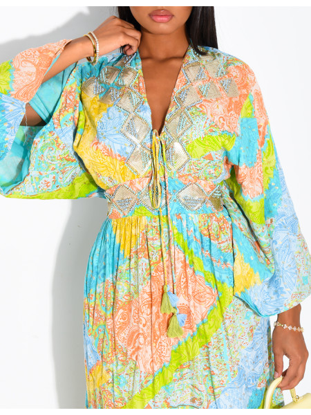 Langes Boho-Kleid aus Baumwolle mit Pailletten und Perlen