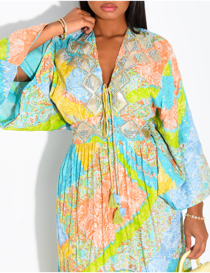 Langes Boho-Kleid aus Baumwolle mit Pailletten und Perlen