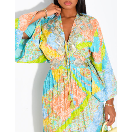 Langes Boho-Kleid aus Baumwolle mit Pailletten und Perlen