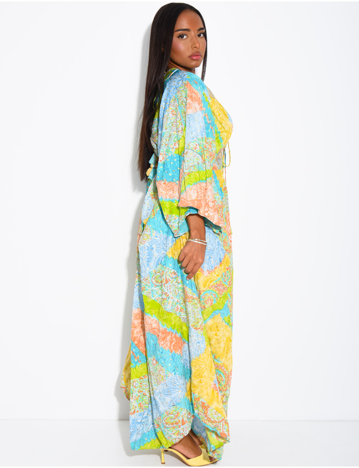 Langes Boho-Kleid aus Baumwolle mit Pailletten und Perlen
