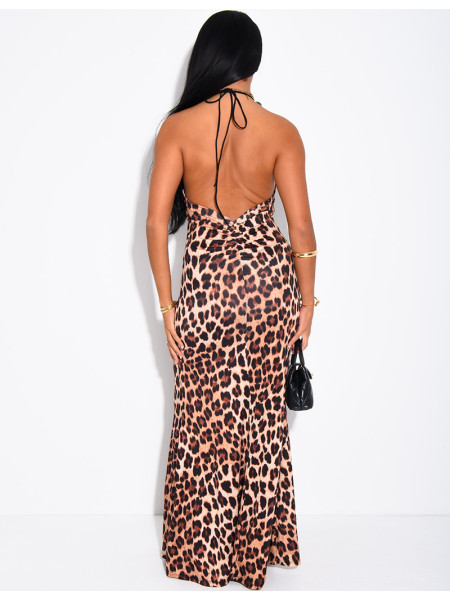 Leopard-print and lace backless dress