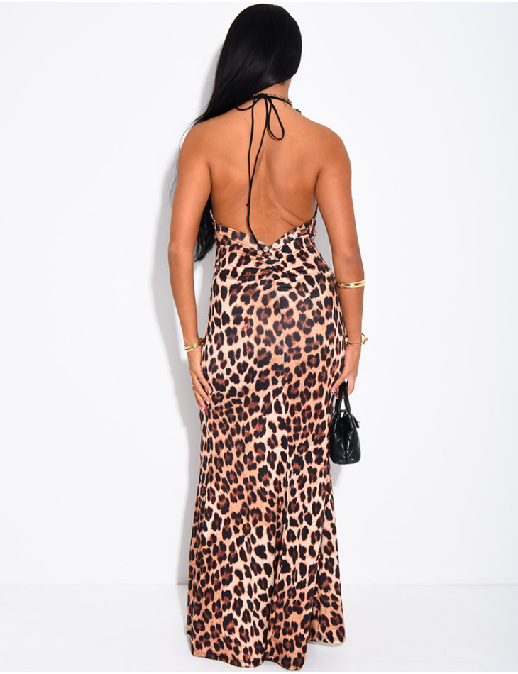 Leopard-print and lace backless dress