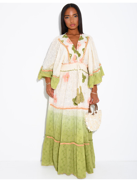 Langes Boho-Kleid aus Baumwolle mit Pailletten und Perlen