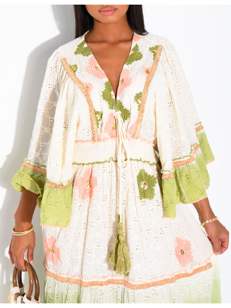 Langes Boho-Kleid aus Baumwolle mit Pailletten und Perlen