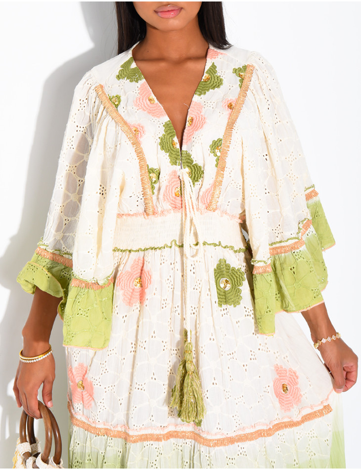 Langes Boho-Kleid aus Baumwolle mit Pailletten und Perlen