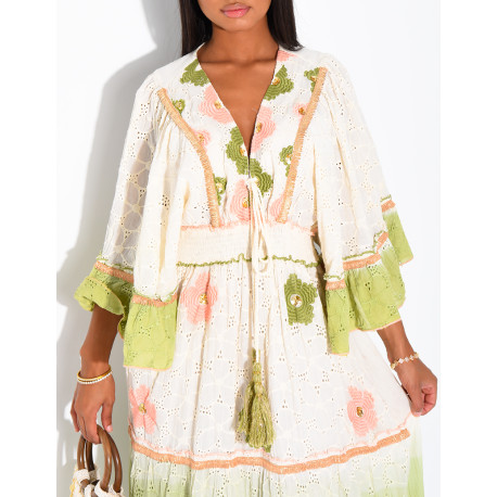 Langes Boho-Kleid aus Baumwolle mit Pailletten und Perlen