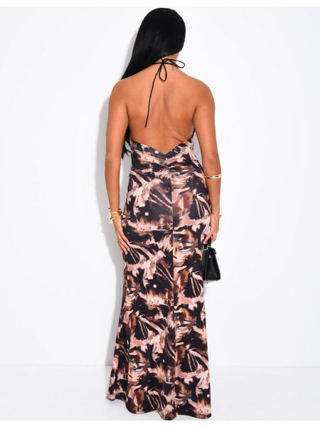 Lace-print backless dress