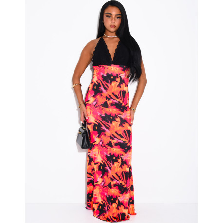 Lace-print backless dress