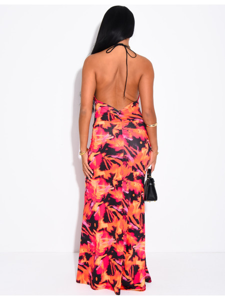 Lace-print backless dress