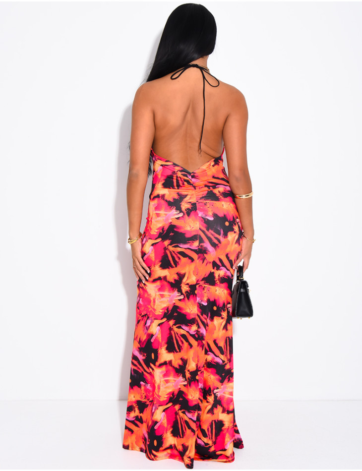 Lace-print backless dress