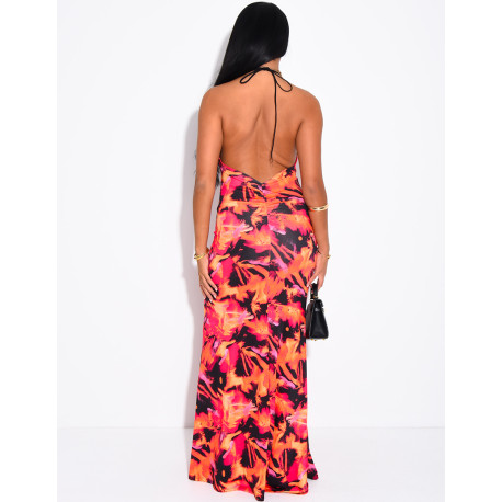 Lace-print backless dress