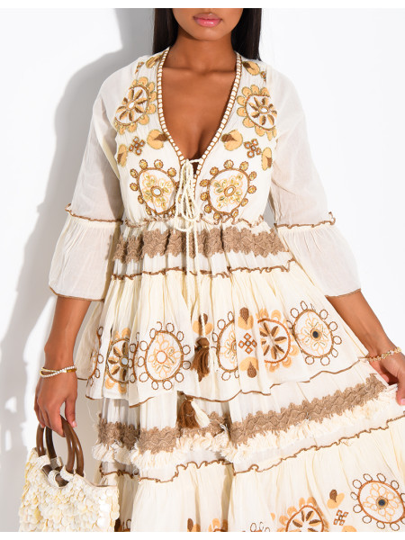 Long bohemian cotton dress with sequins and beads