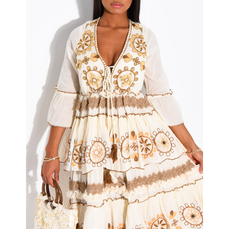 Long bohemian cotton dress with sequins and beads