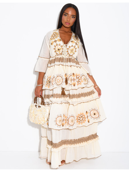 Long bohemian cotton dress with sequins and beads