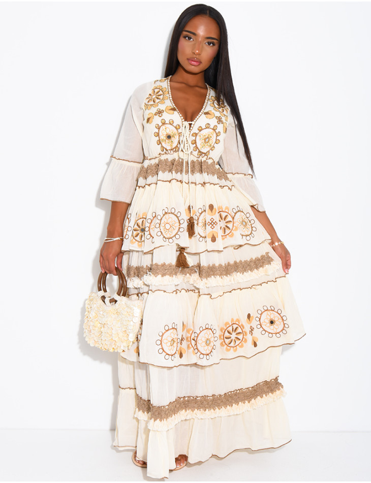 Long bohemian cotton dress with sequins and beads