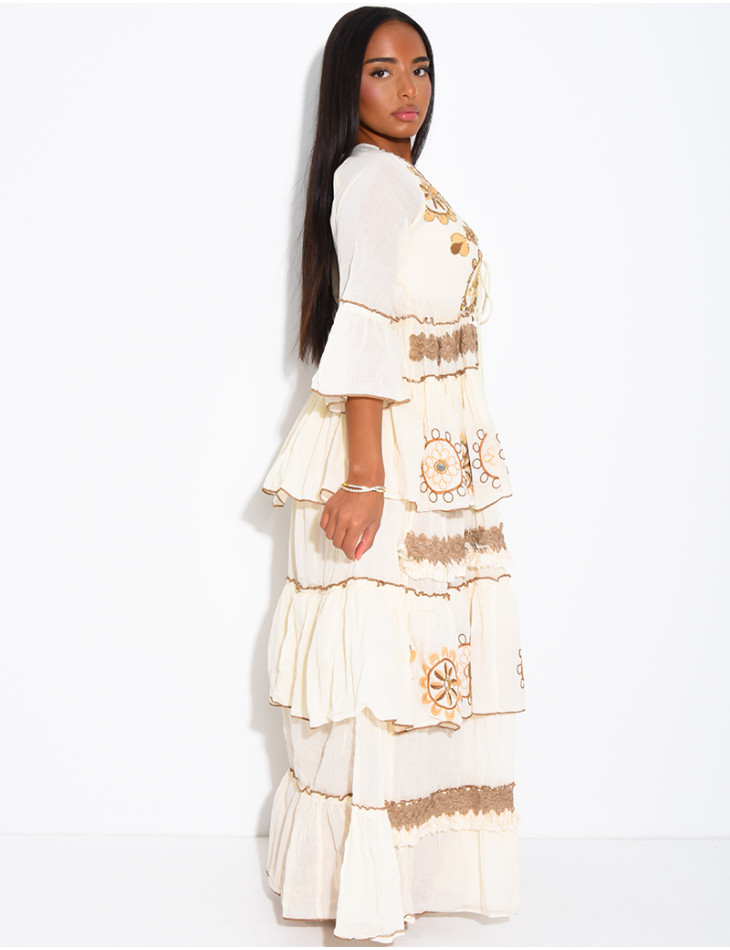 Long bohemian cotton dress with sequins and beads