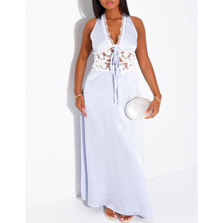 Patterned satin dress with lace insert