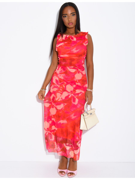 Printed mesh dress with a brooch on the shoulder