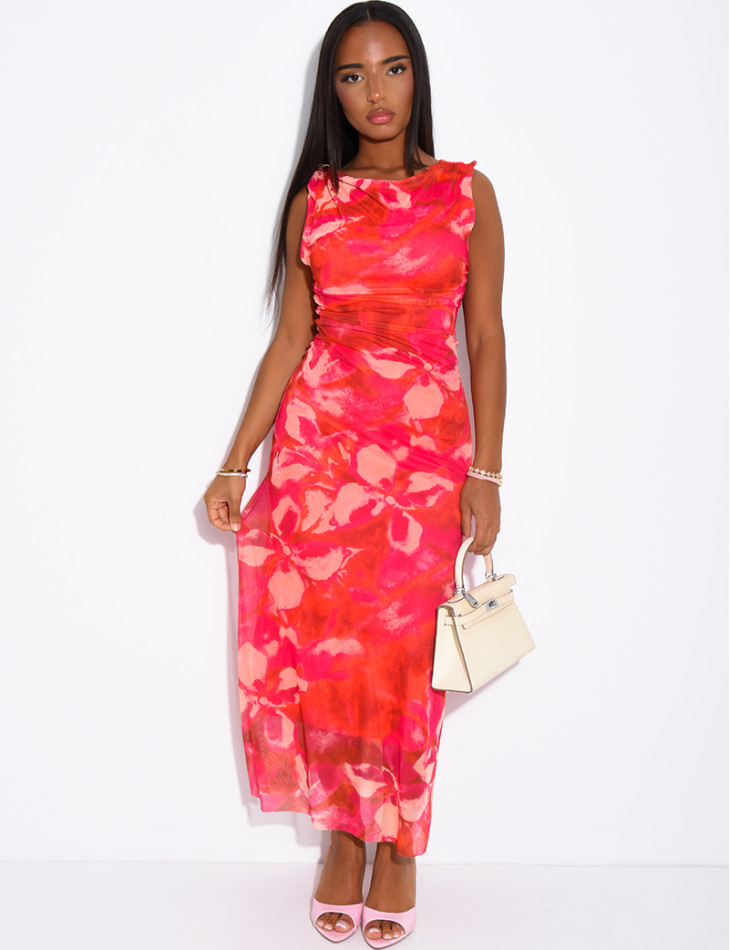 Printed mesh dress with a brooch on the shoulder