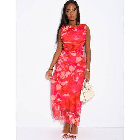 Printed mesh dress with a brooch on the shoulder