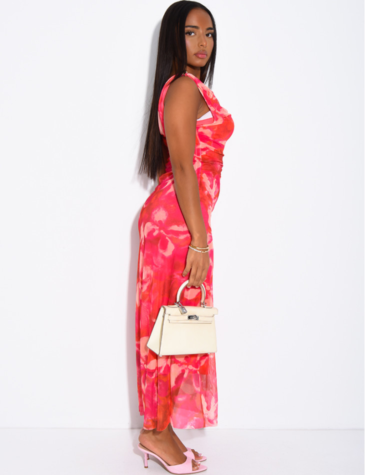 Printed mesh dress with a brooch on the shoulder