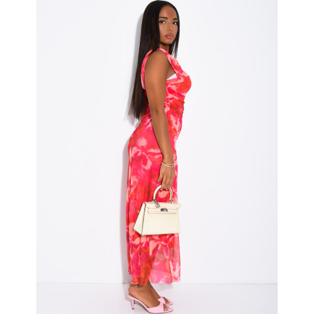 Printed mesh dress with a brooch on the shoulder