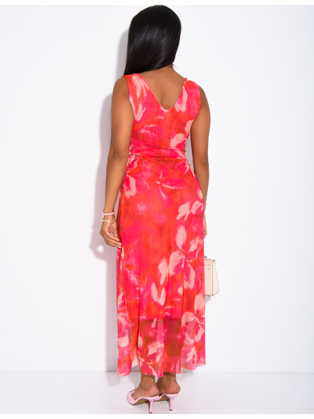 Printed mesh dress with a brooch on the shoulder