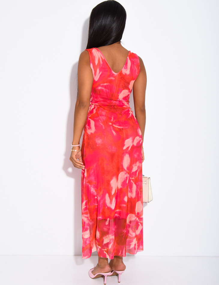 Printed mesh dress with a brooch on the shoulder